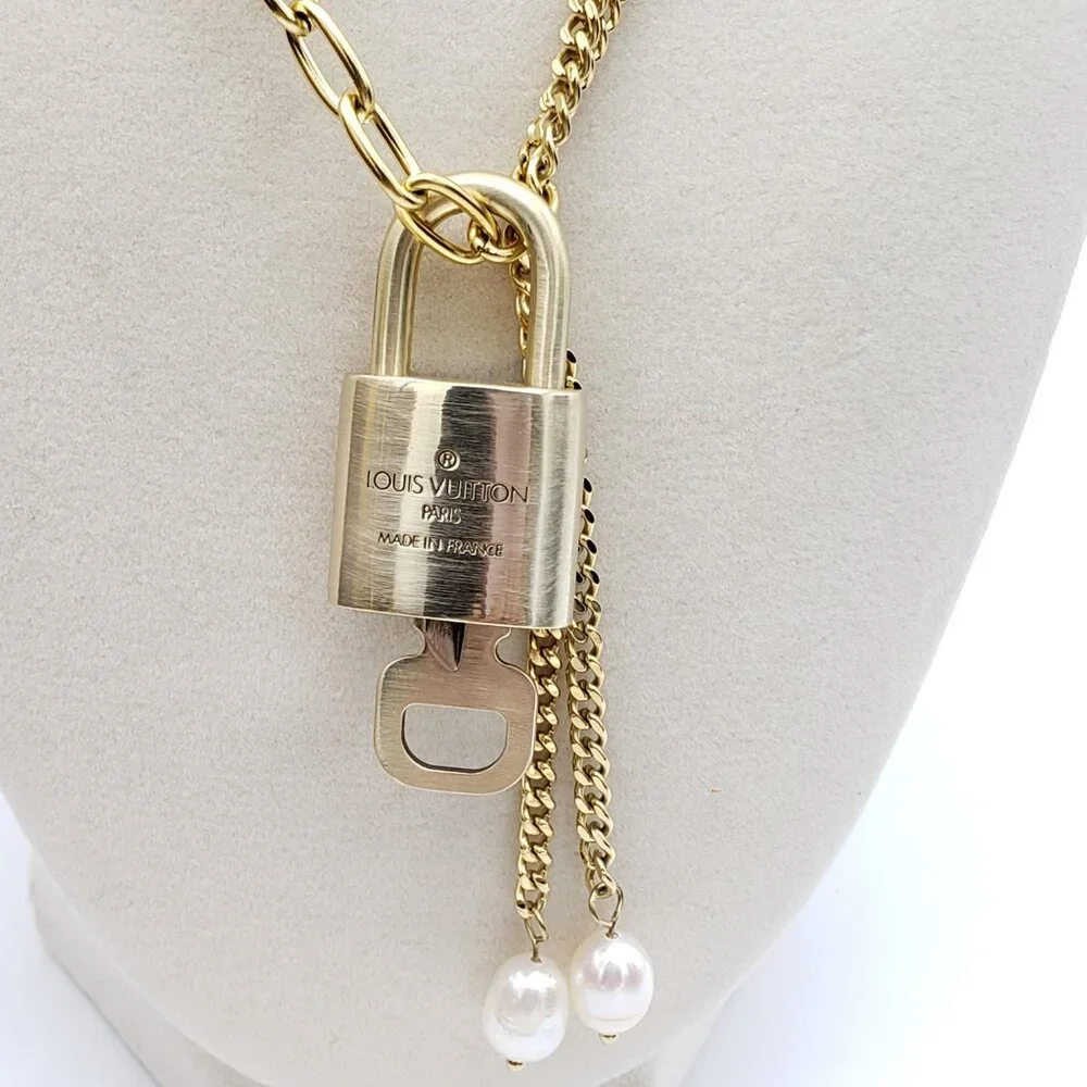 Stainless Steel Gold-Plated Necklace with Authentic Louis Vuitton Padlock
